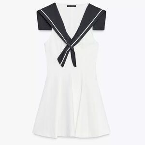 Zara White Mini Sailor Dress with Navy Bow Detail